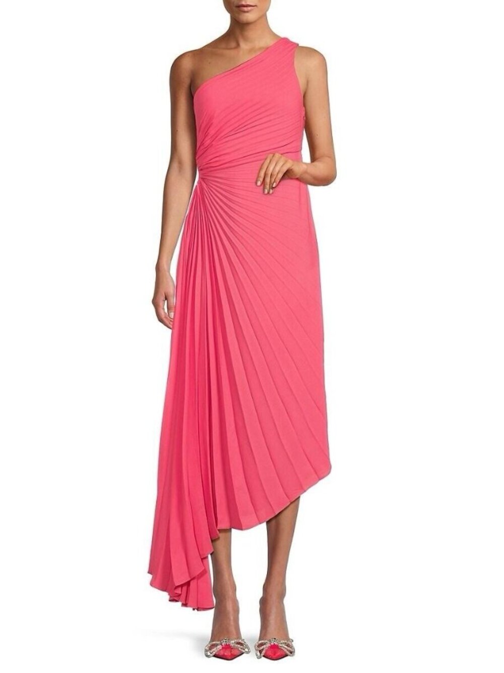 Nicole Miller‎ Maxi Accordion Asymmetrical Pleated Dress Coral
